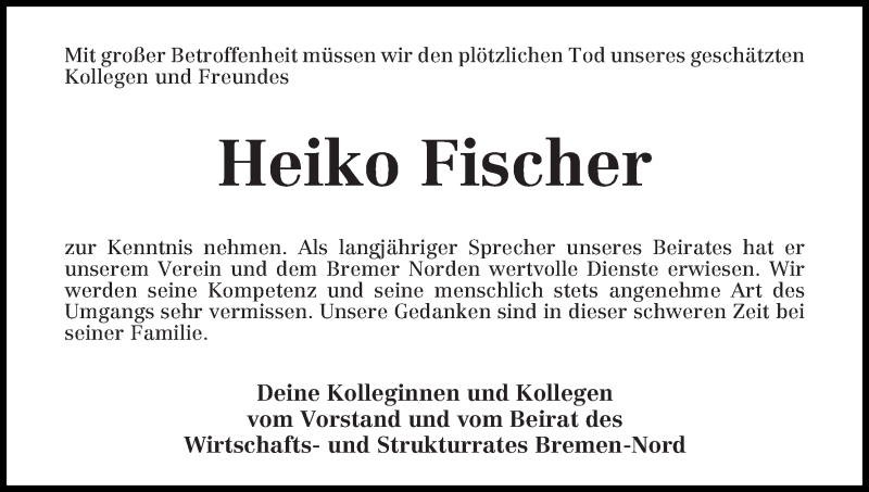 Traueranzeige von Heiko Fischer von Die Norddeutsche