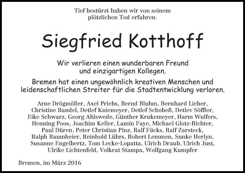 Traueranzeige von Siegfried Kotthoff von WESER-KURIER