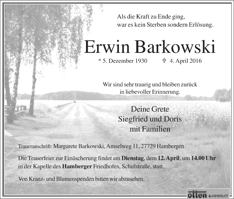 Traueranzeige von Erwin Barkowski von Osterholzer Kreisblatt