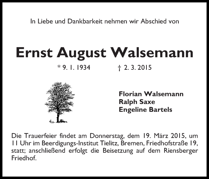 Traueranzeige von Ernst August Walsemann von WESER-KURIER
