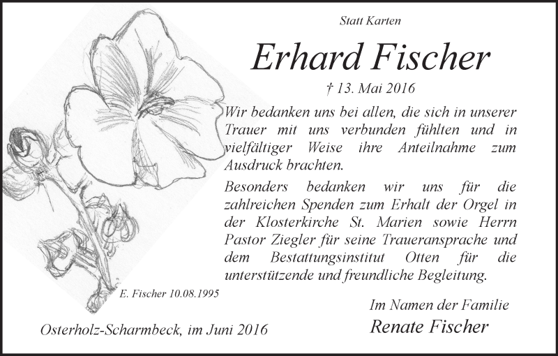 Traueranzeige von Erhard Fischer von Osterholzer Kreisblatt