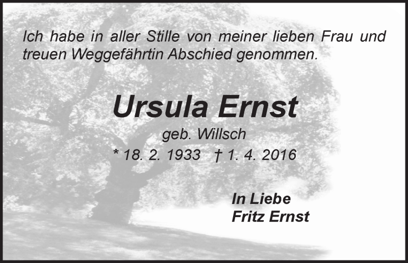 Traueranzeige von Ursula Ernst von WESER-KURIER