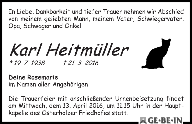 Traueranzeige von Karl Heitmüller von WESER-KURIER