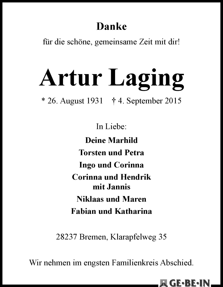 Traueranzeige von Artur Laging von WESER-KURIER