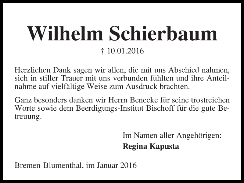 Traueranzeige von Wilhelm Schierbaum von Die Norddeutsche