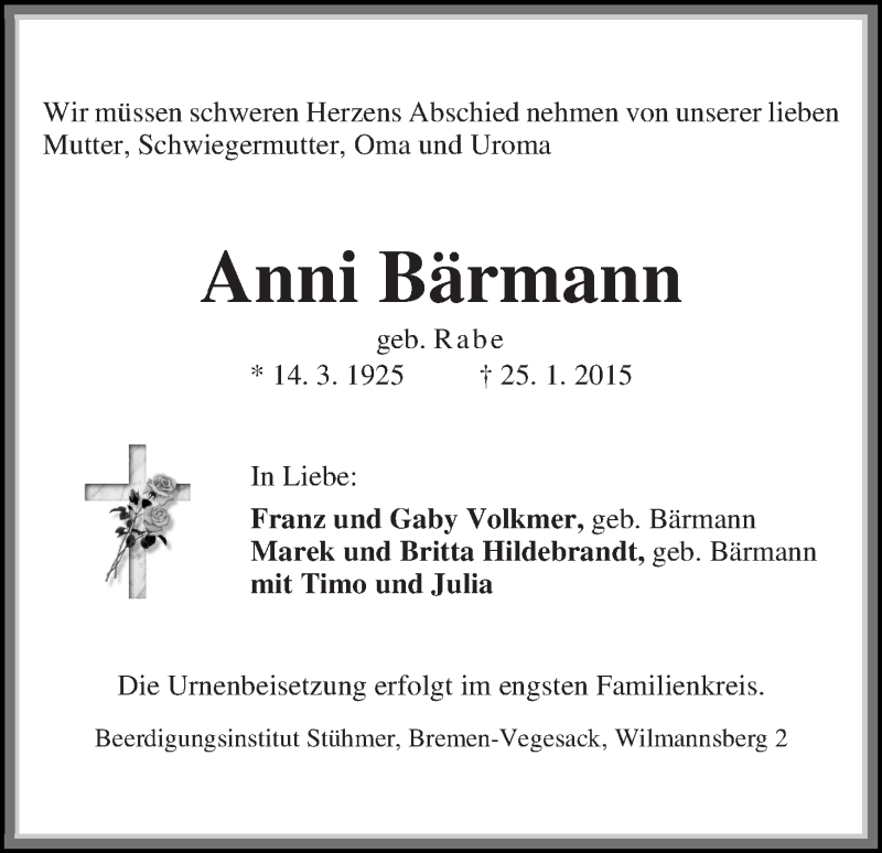  Traueranzeige für Anni Bärmann vom 29.01.2015 aus Die Norddeutsche