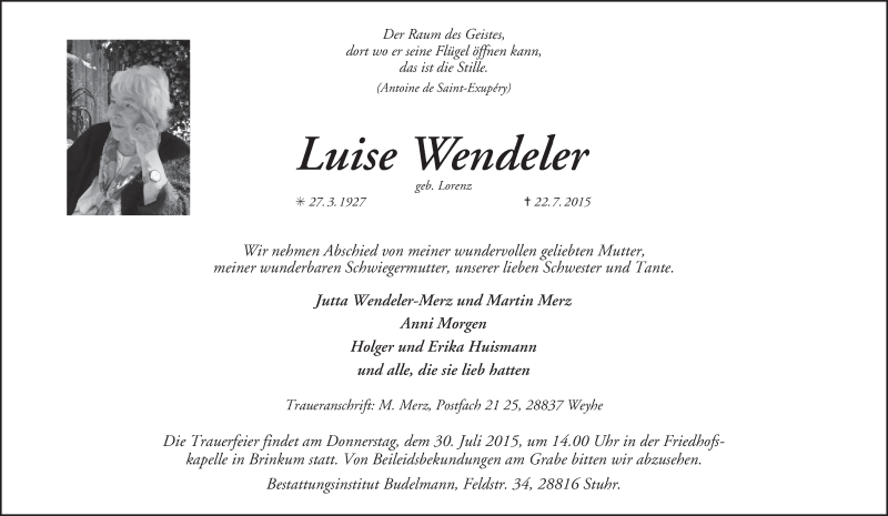  Traueranzeige für Luise Wendeler vom 25.07.2015 aus Regionale Rundschau/Syker Kurier
