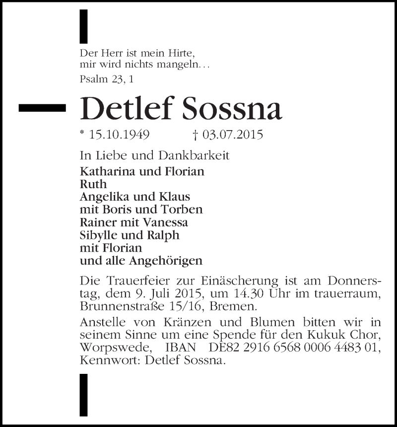  Traueranzeige für Detlef Sossna vom 08.07.2015 aus WESER-KURIER