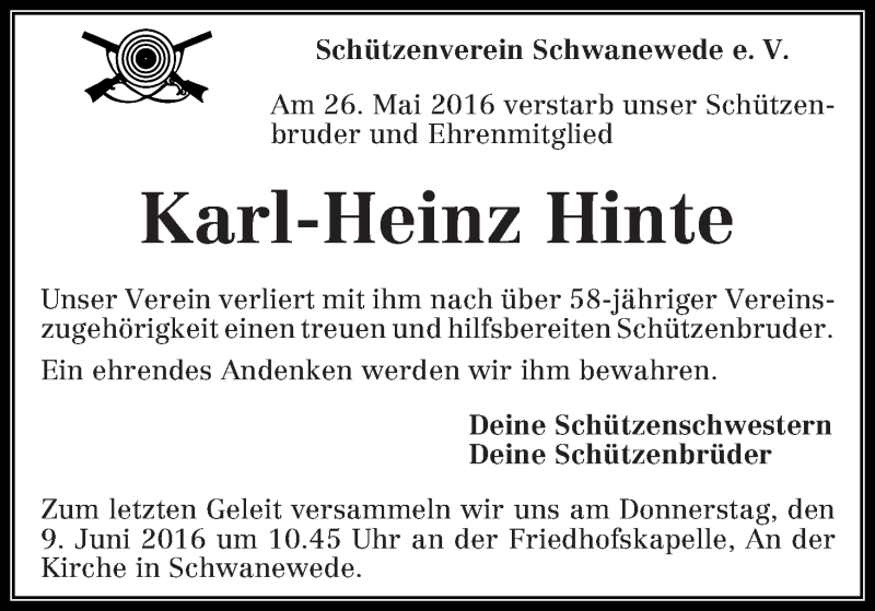  Traueranzeige für Karl-Heinz Hinte vom 07.06.2016 aus Die Norddeutsche