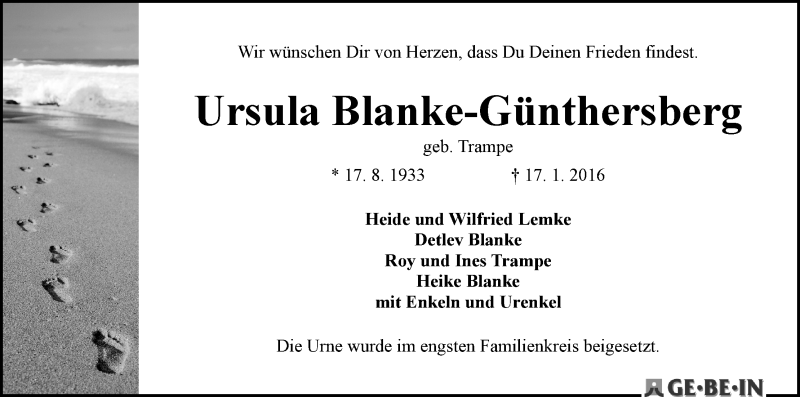 Traueranzeige von Ursula Blanke-Günthersberg von WESER-KURIER