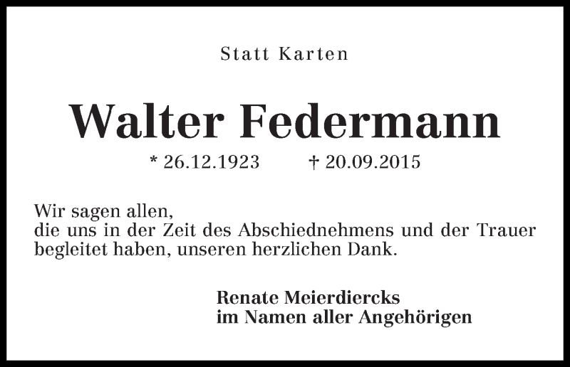 Traueranzeige von Walter Federmann von WESER-KURIER