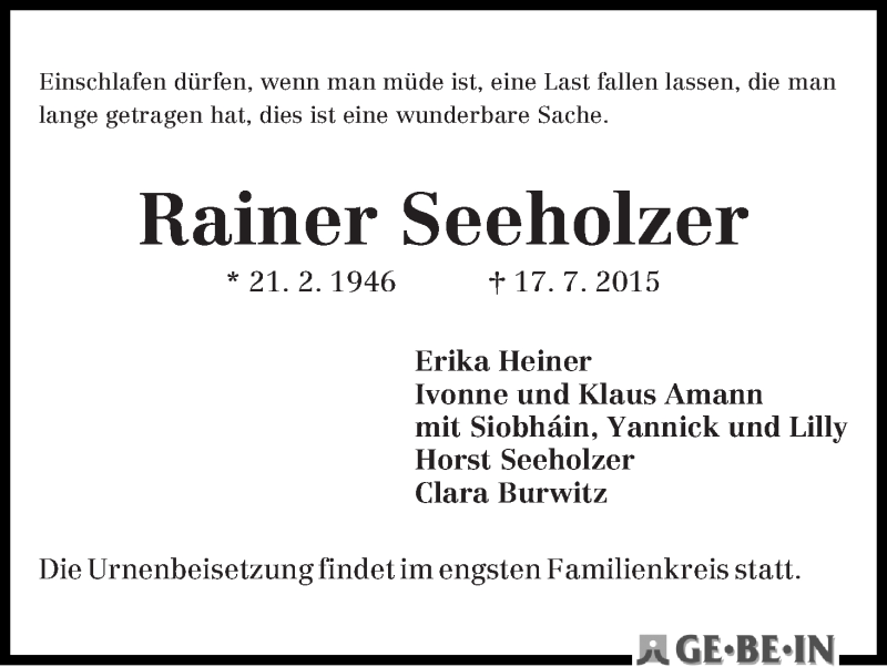 Traueranzeige von Rainer Seeholzer von Die Norddeutsche