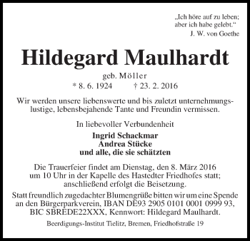 Traueranzeige von Hildegard Maulhardt
