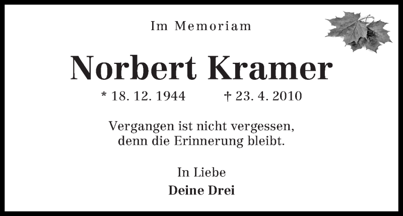  Traueranzeige für Norbert Kramer vom 23.04.2015 aus WESER-KURIER