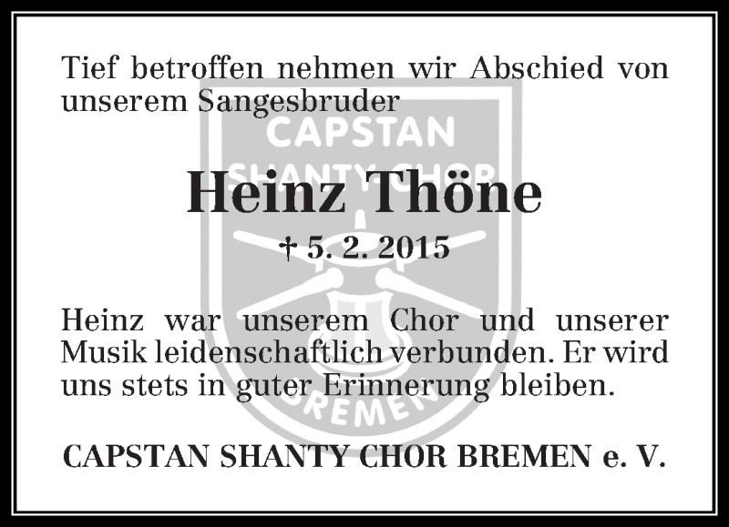 Traueranzeige von Heinz Thöne von WESER-KURIER