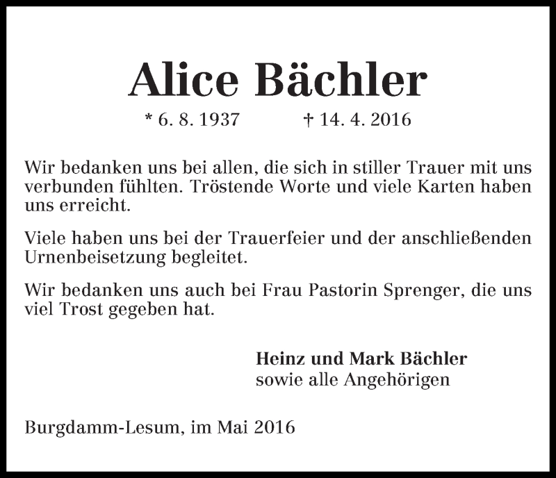 Traueranzeige von Alice Bächler von Die Norddeutsche