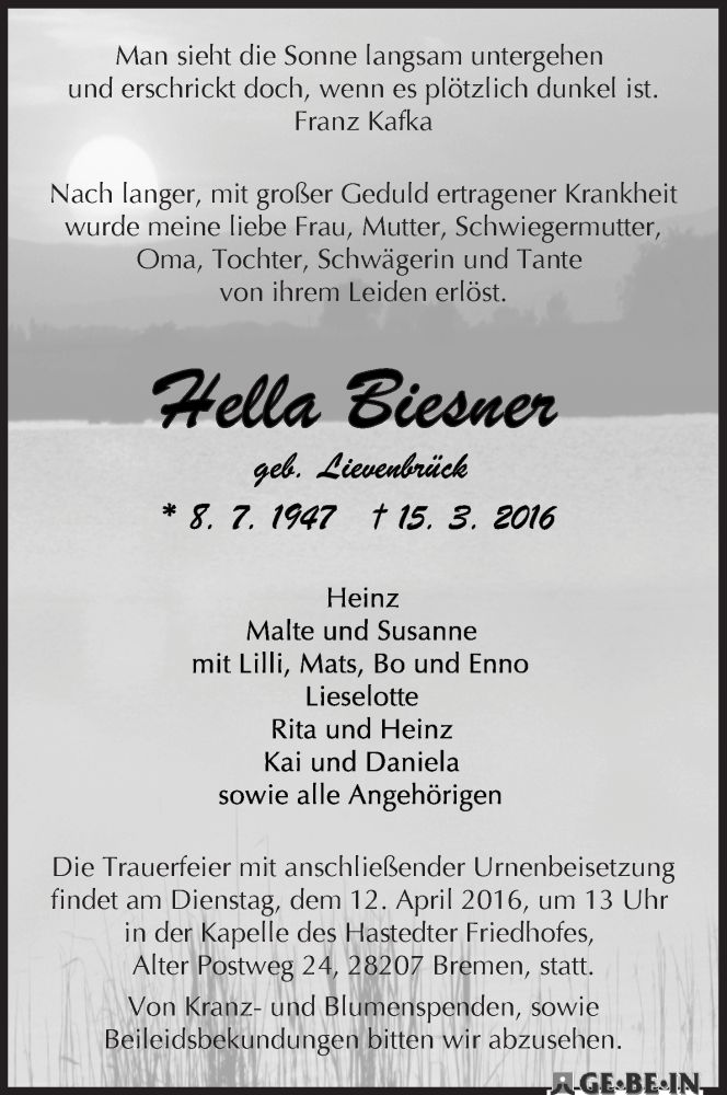 Traueranzeige von Hella Biesner von WESER-KURIER