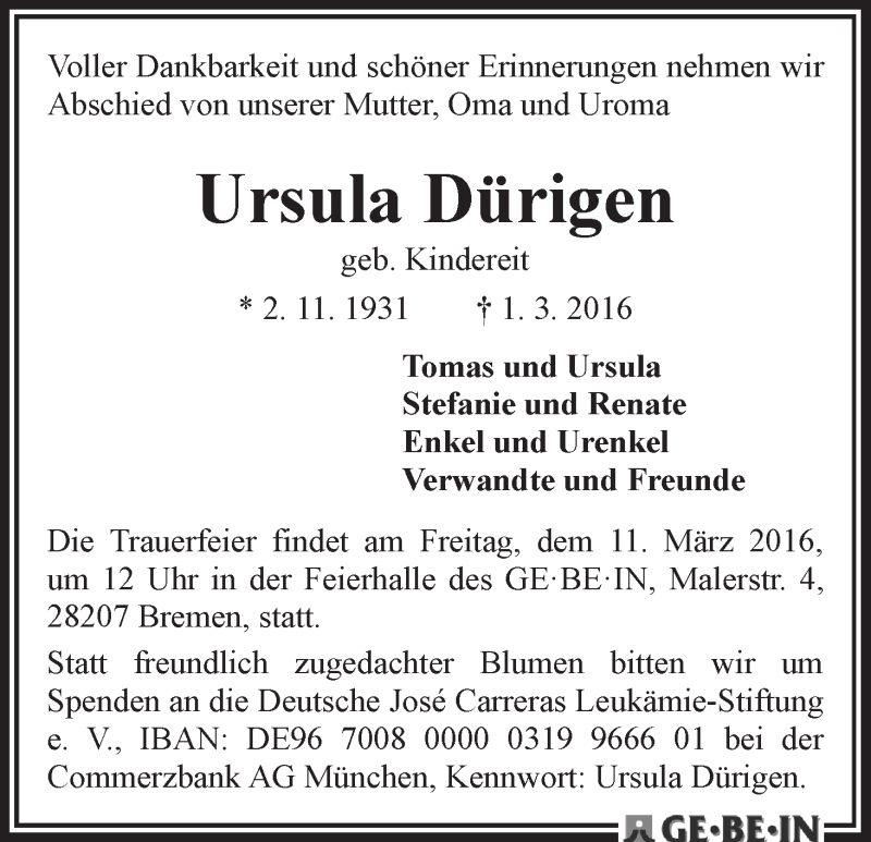 Traueranzeige von Ursula Dürigen von WESER-KURIER