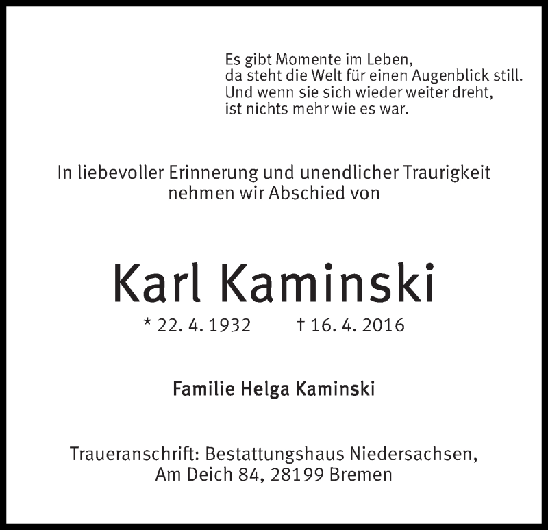  Traueranzeige für Karl Kaminski vom 23.04.2016 aus Die Norddeutsche