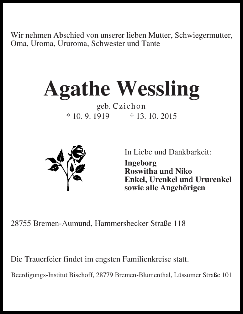 Traueranzeige von Agathe Wessling von Die Norddeutsche