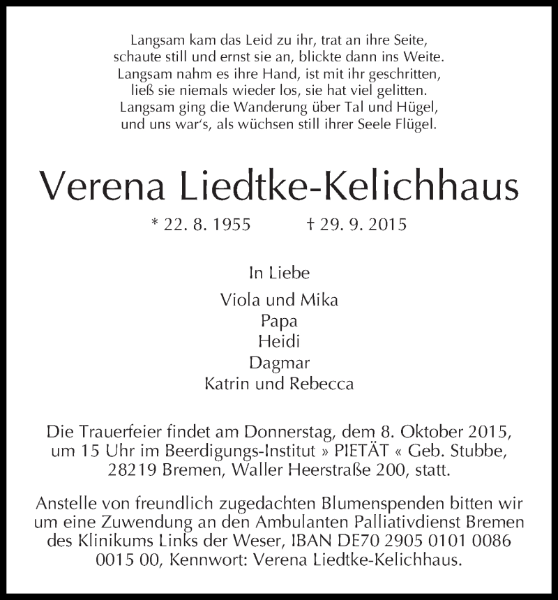  Traueranzeige für Verena Liedtke-Kelichhaus vom 02.10.2015 aus WESER-KURIER