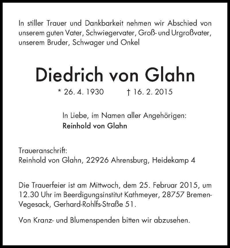 Traueranzeige von Diedrich von Glahn von Die Norddeutsche