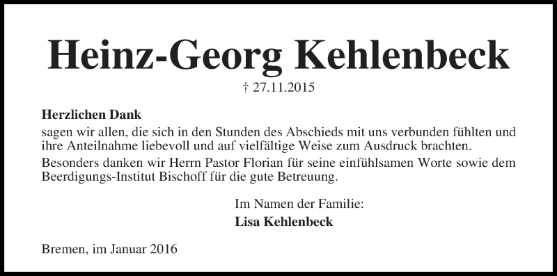 Traueranzeige von Heinz-Georg Kehlenbeck von Die Norddeutsche