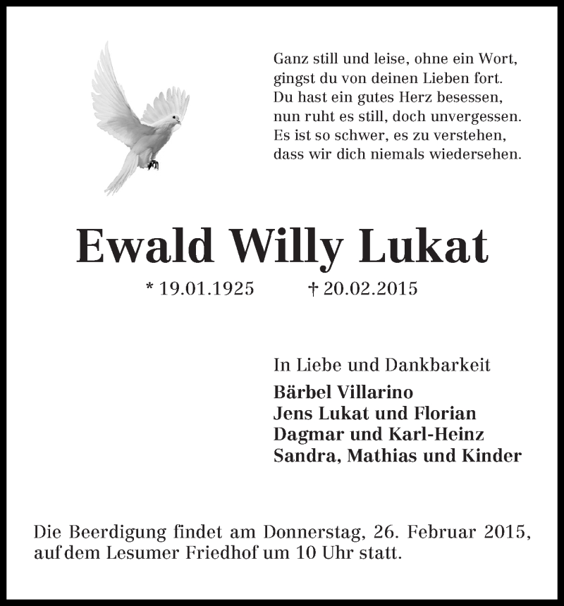  Traueranzeige für Ewald Willy Lukat vom 25.02.2015 aus Die Norddeutsche