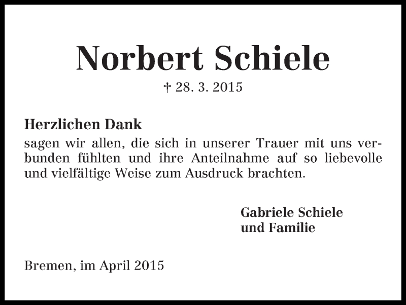 Traueranzeige von Norbert Schiele von WESER-KURIER