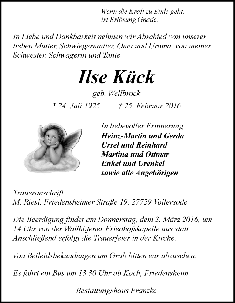 Traueranzeige von Ilse Kück von Osterholzer Kreisblatt