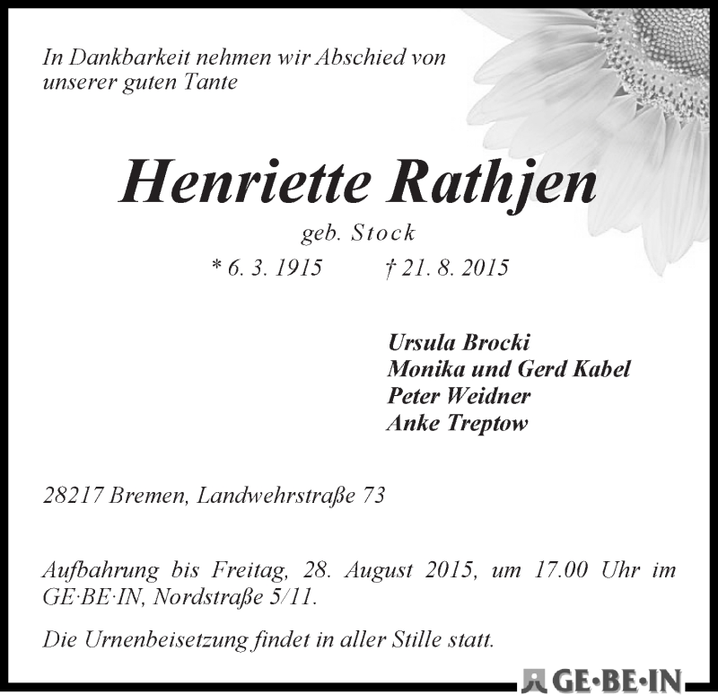 Traueranzeige von Henriette Rathjen von WESER-KURIER