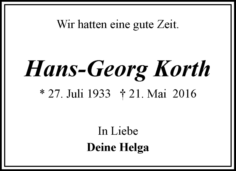 Traueranzeige von Hans-Georg Korth von WESER-KURIER