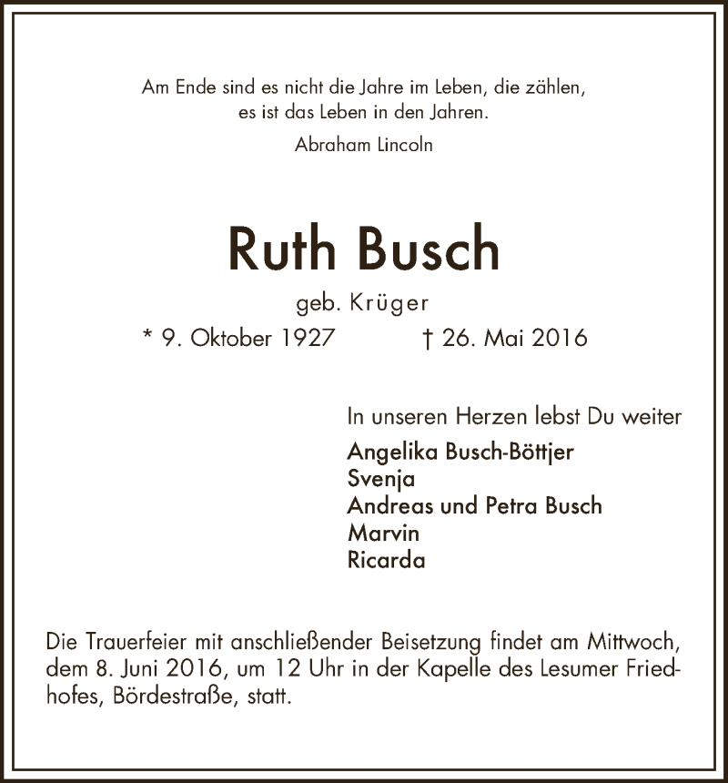 Traueranzeige von Ruth Busch von WESER-KURIER