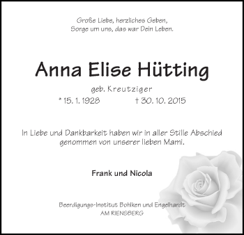 Traueranzeige von Anna Elise Hütting