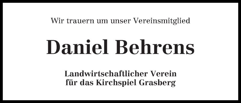 Traueranzeige von Daniel Behrens von Wuemme Zeitung