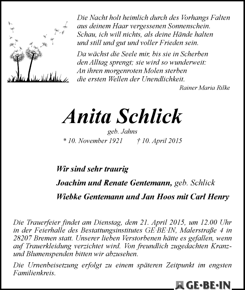 Traueranzeige von Anita Schlick von WESER-KURIER