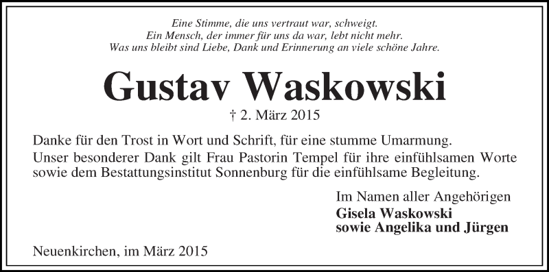 Traueranzeige von Gustav Waskowski von Die Norddeutsche