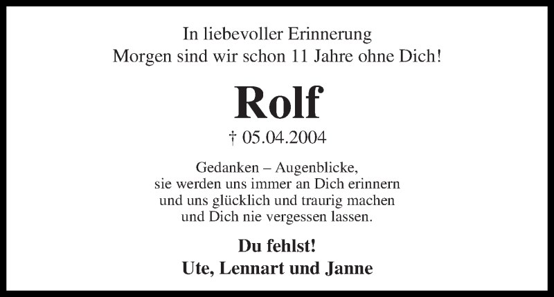  Traueranzeige für Rolf von Rahden vom 04.04.2015 aus Die Norddeutsche