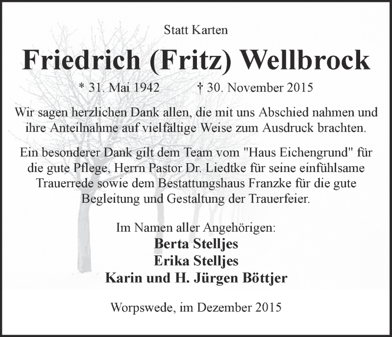 Traueranzeige von Friedrich Wellbrock von Wuemme Zeitung