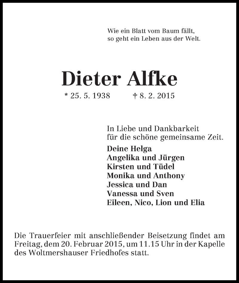 Traueranzeige von Dieter Alfke von WESER-KURIER