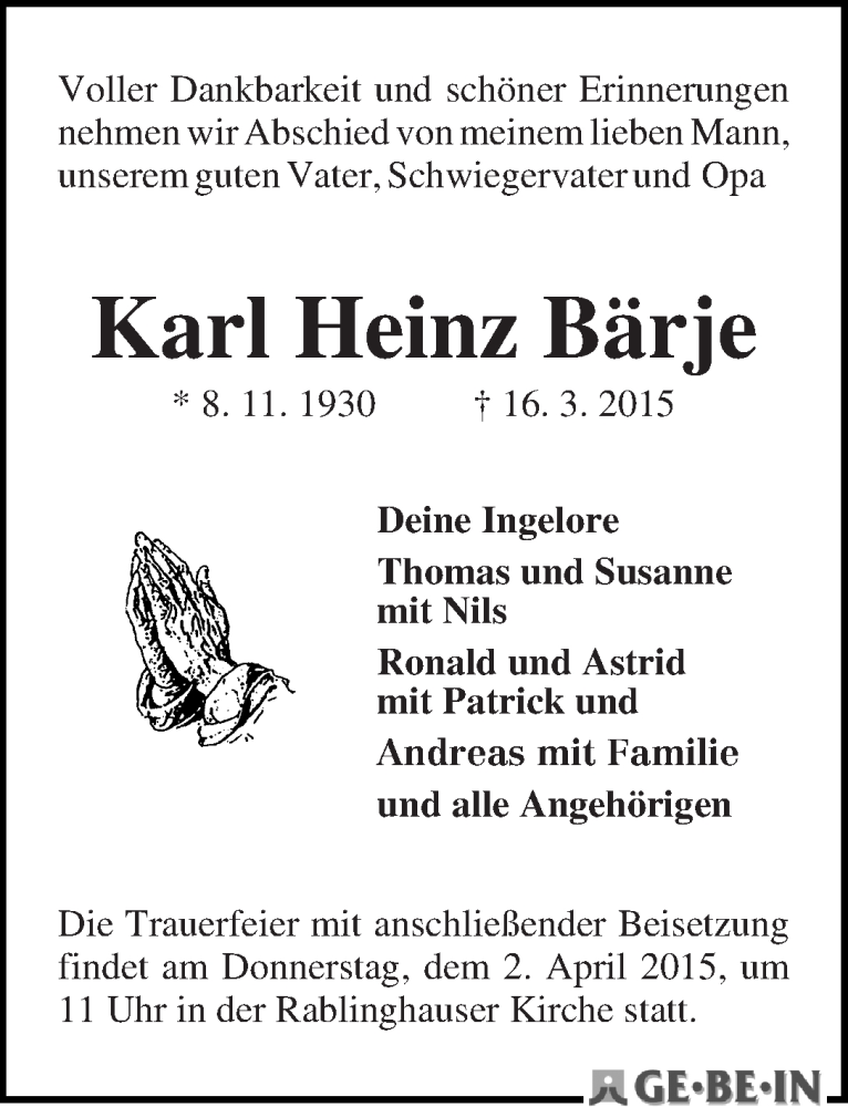 Traueranzeige von Karl Heinz Bärje von WESER-KURIER