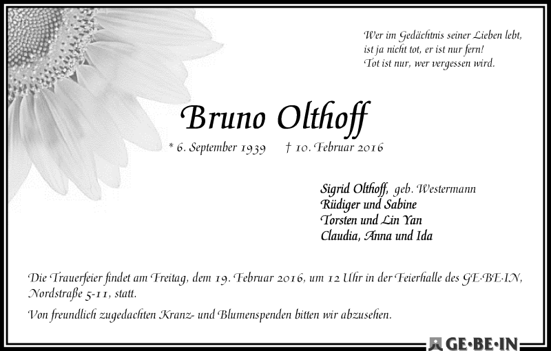  Traueranzeige für Bruno Olthoff vom 13.02.2016 aus WESER-KURIER