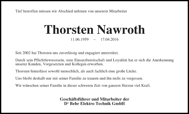 Traueranzeige von Thorsten Nawroth von Wuemme Zeitung