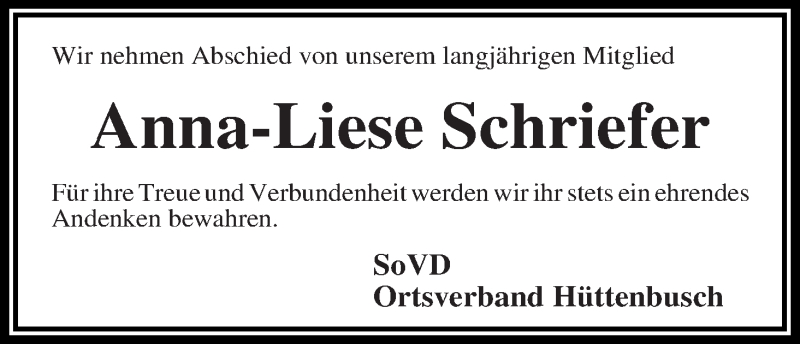 Traueranzeige von Anna-Liese Schriefer von Wuemme Zeitung