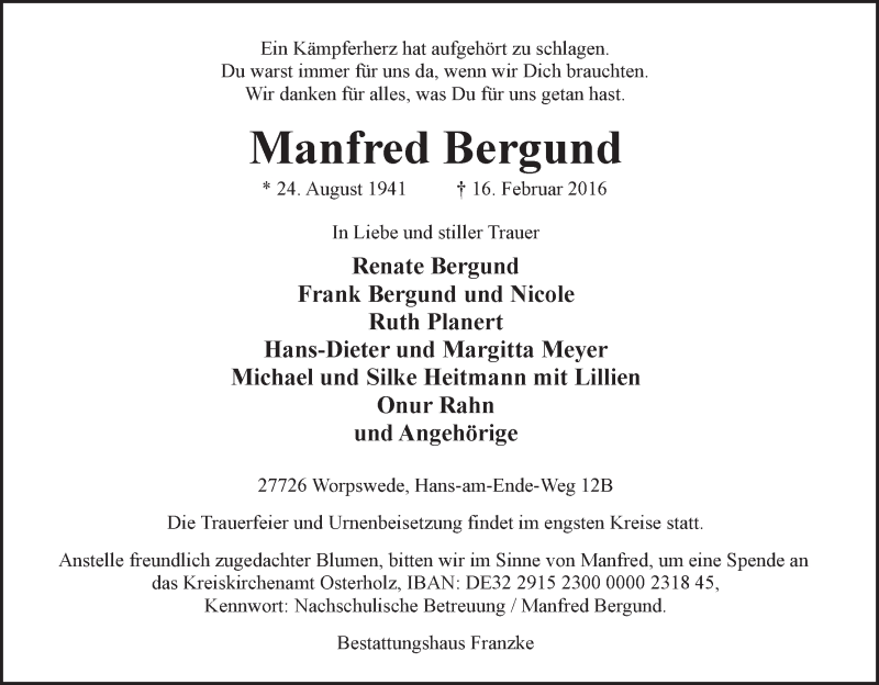 Traueranzeige von Manfred Bergund von Wuemme Zeitung