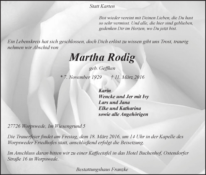 Traueranzeige von Martha Rodig von Wuemme Zeitung