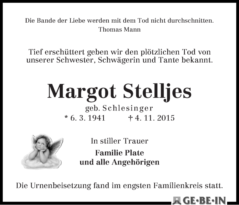 Traueranzeige von Margot Stelljes von WESER-KURIER