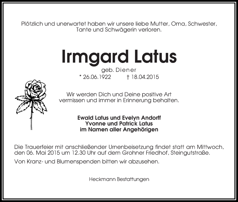 Traueranzeige von Irmgard Latus von Die Norddeutsche