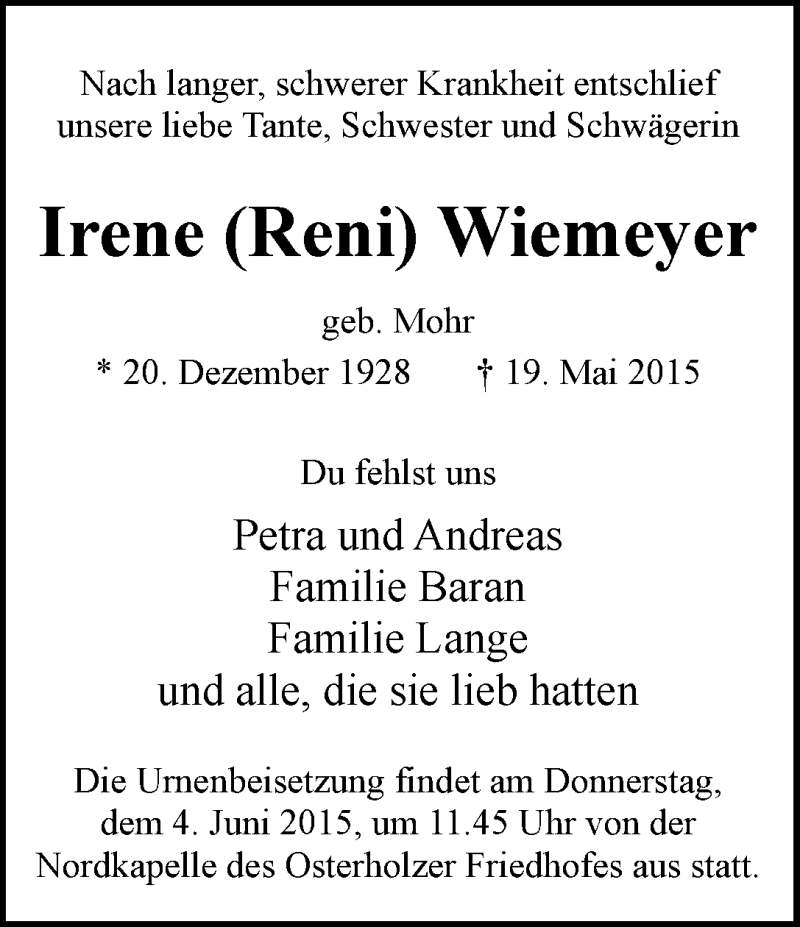 Traueranzeige von Irene (Reni) Wiemeyer von WESER-KURIER