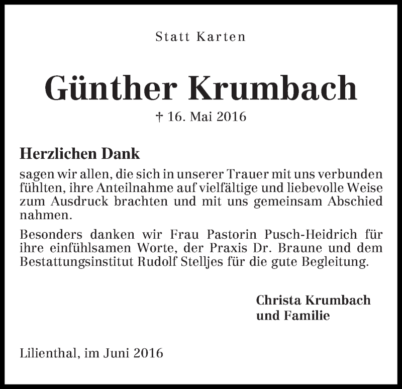 Traueranzeige von Günther Krumbach von Wuemme Zeitung